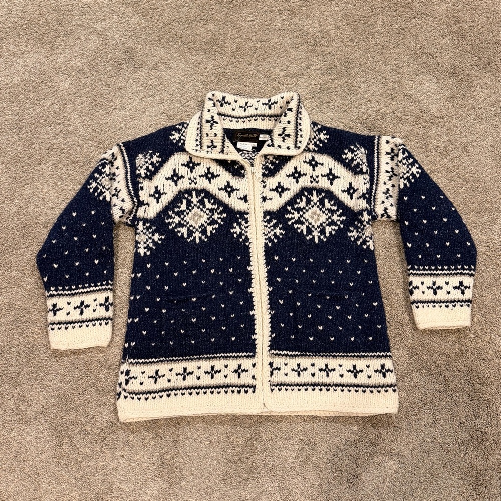 Invisible World Unisex | Wool Vintage Zip Fair Isle Sweater Navy and Cream S